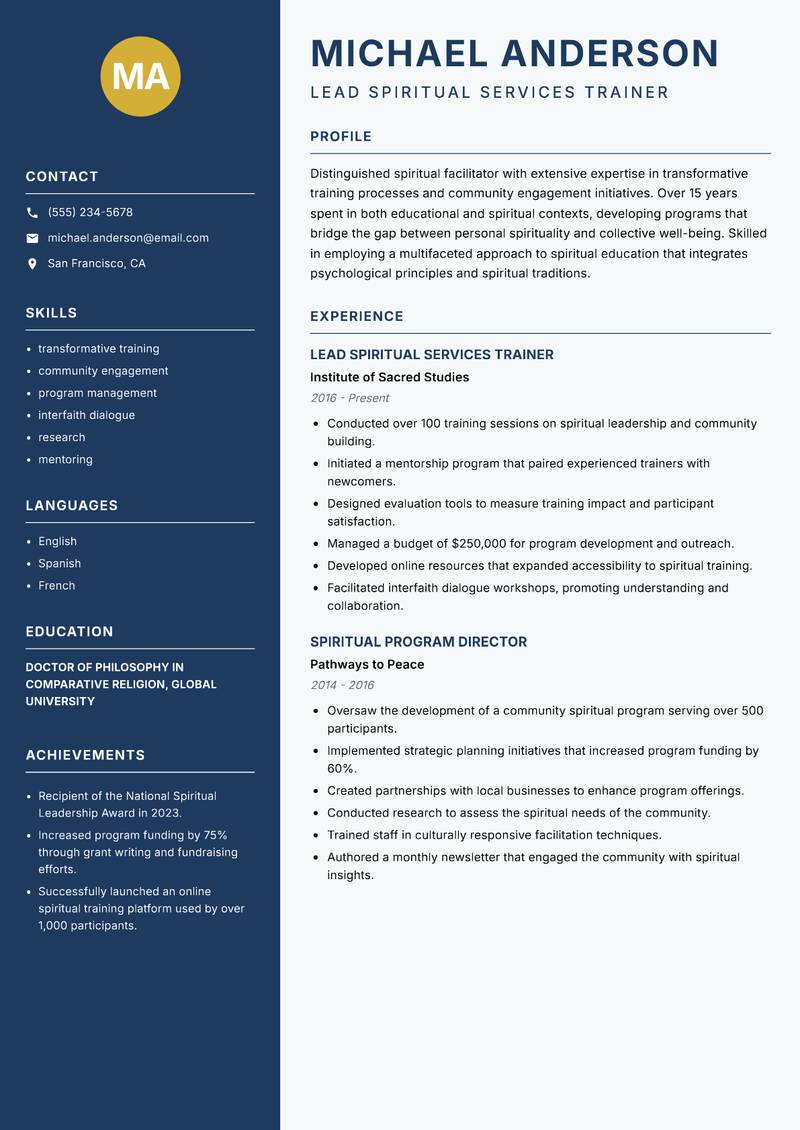 Spiritual Services Trainer resume sample — Lead Spiritual Services Trainer focus