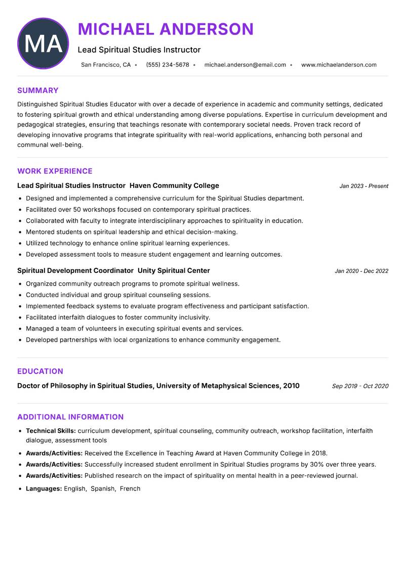 Spiritual Studies Educator resume example