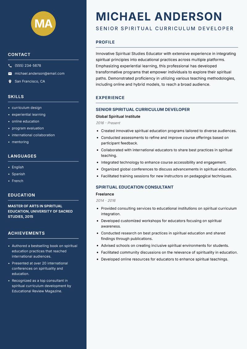 Spiritual Studies Educator resume sample — Senior Spiritual Curriculum Developer focus