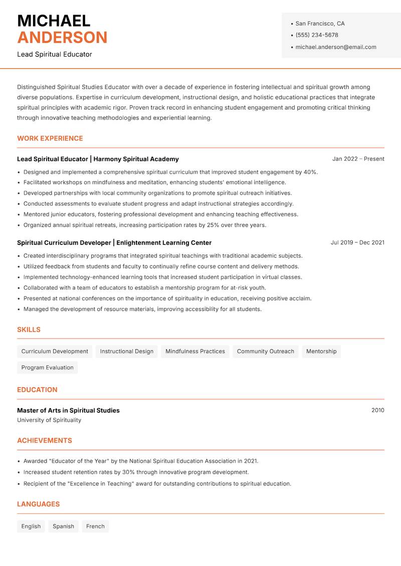 Spiritual Studies Educator resume sample — Lead Spiritual Educator focus