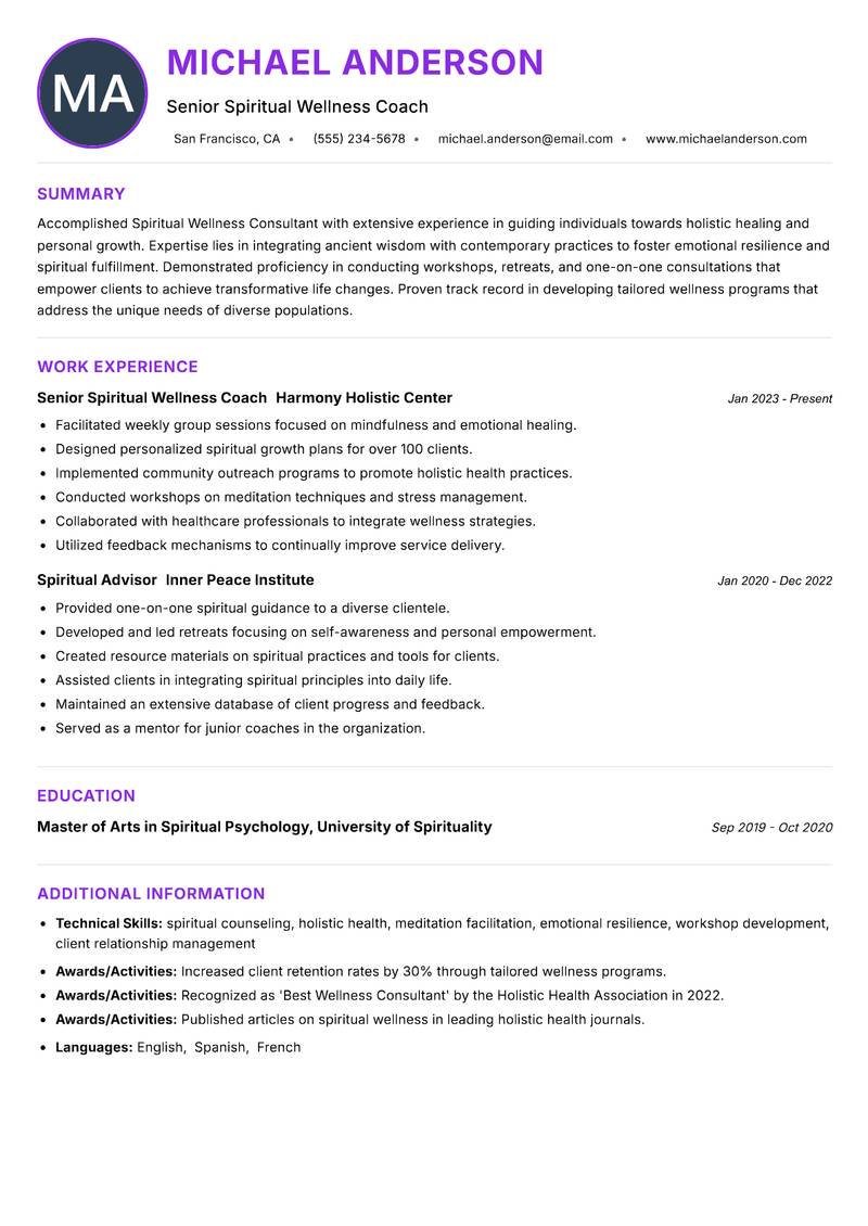 Spiritual Wellness Consultant resume example