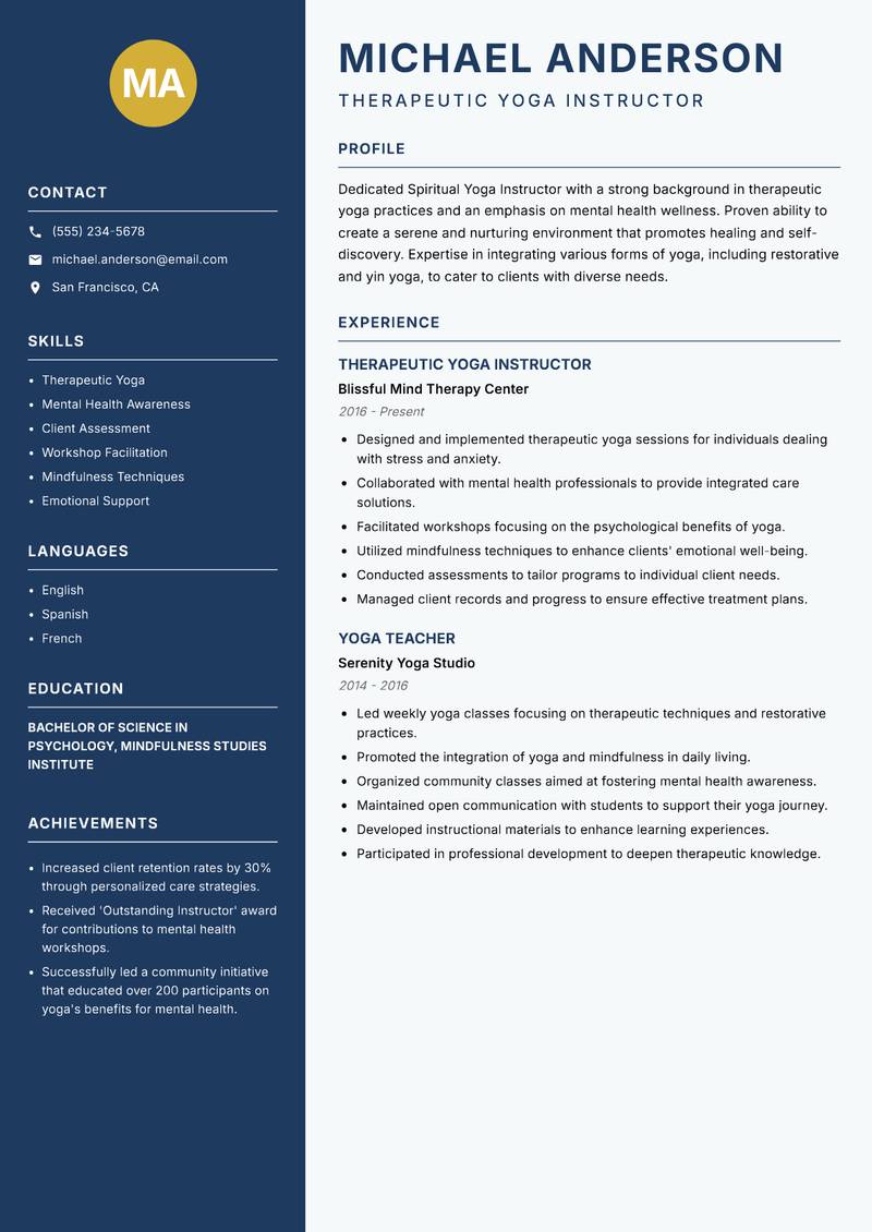 Spiritual Yoga Instructor resume sample — Therapeutic Yoga Instructor focus