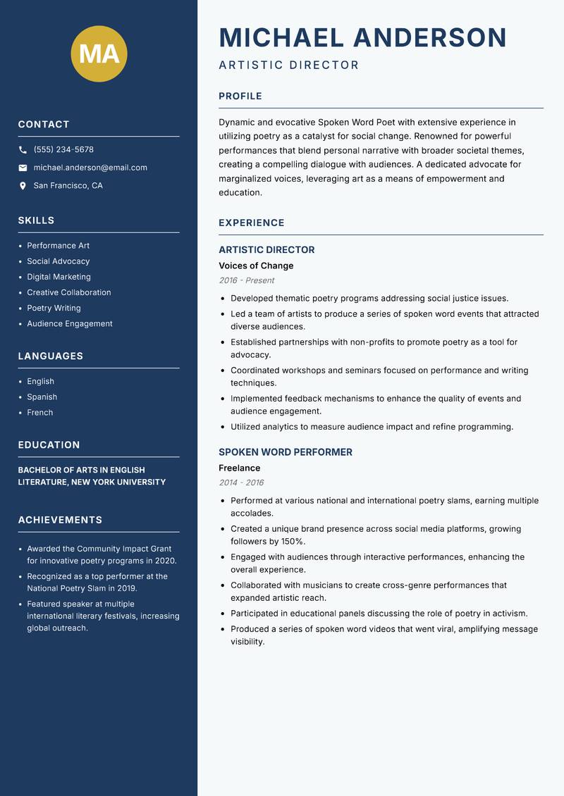 Spoken Word Poet resume sample — Artistic Director focus