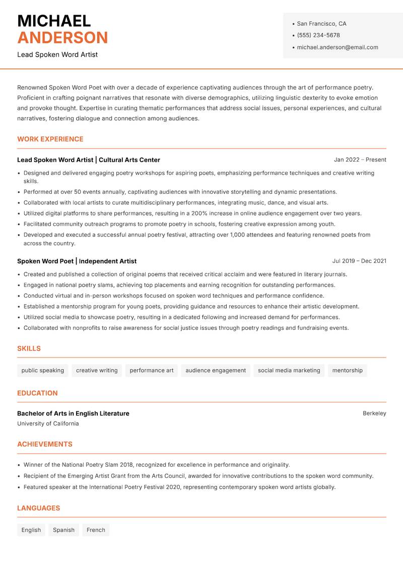 Spoken Word Poet resume sample — Lead Spoken Word Artist focus