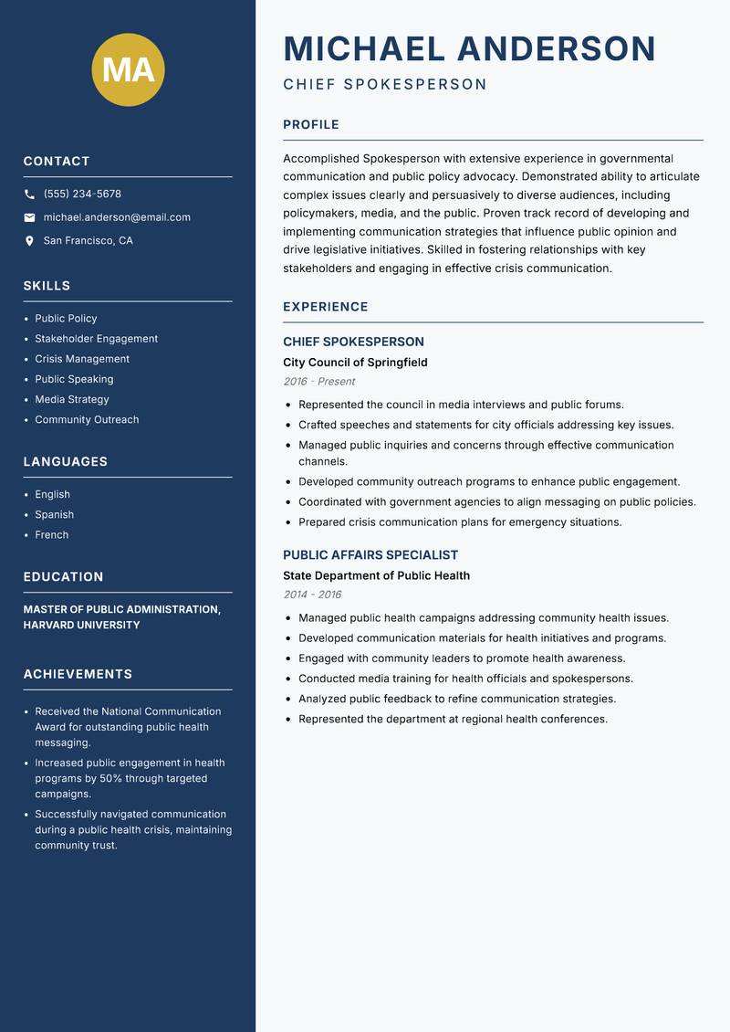 Spokesperson resume sample — Chief Spokesperson focus