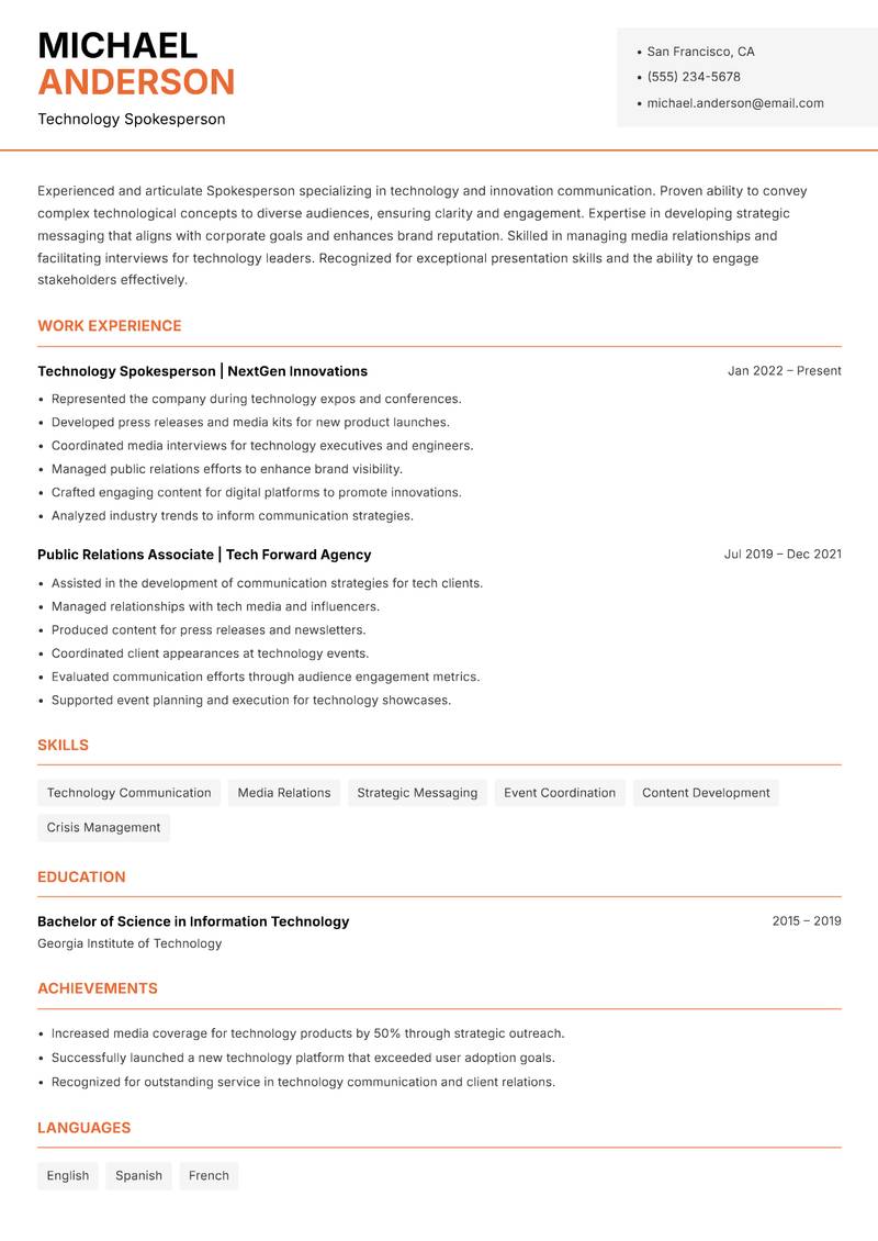 Spokesperson resume sample — Technology Spokesperson focus