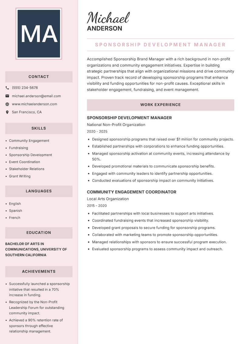 Sponsorship Brand Manager resume sample — Sponsorship Development Manager focus