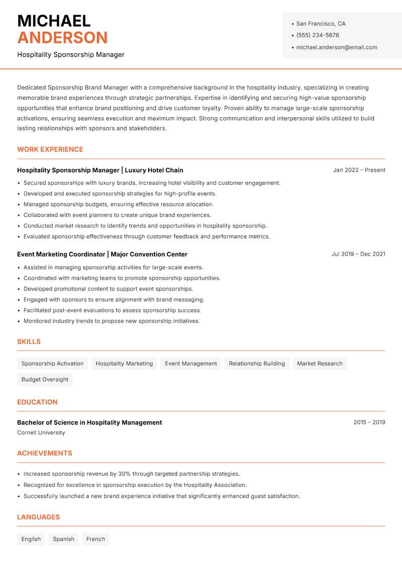 Sponsorship Brand Manager resume sample — Hospitality Sponsorship Manager focus