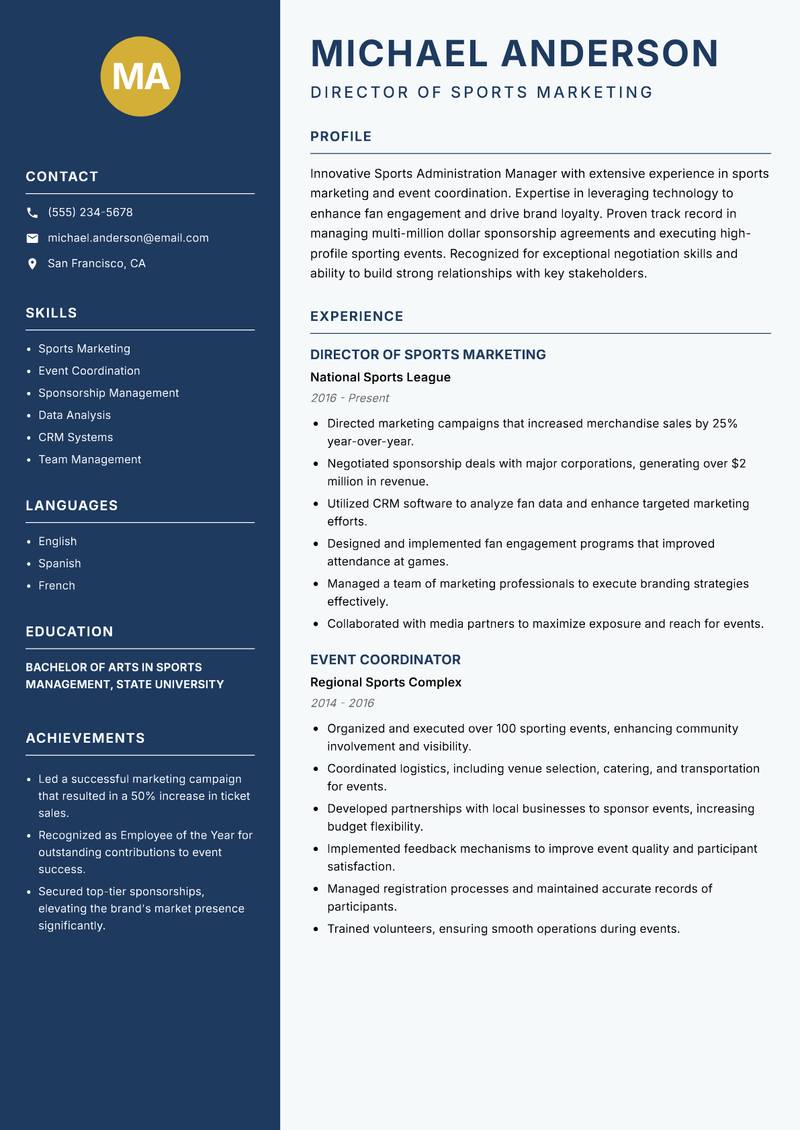 Sports Administration Manager resume sample — Director of Sports Marketing focus