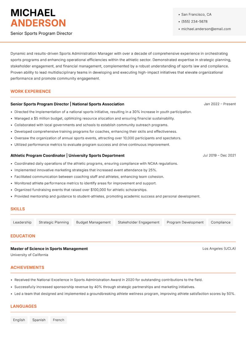 Sports Administration Manager resume sample — Senior Sports Program Director focus