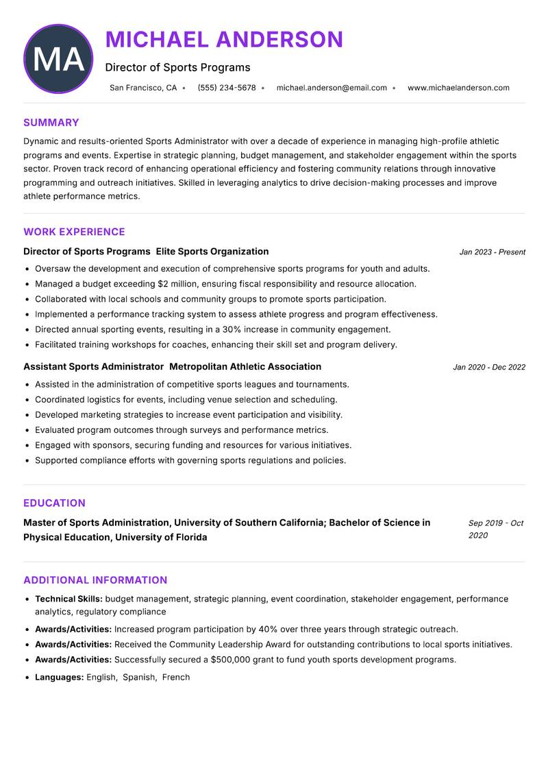 Sports Administrator resume example