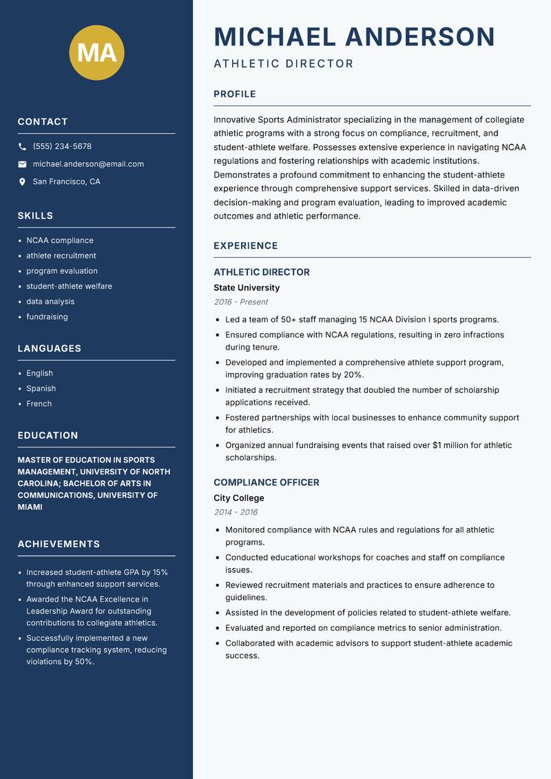 Sports Administrator resume sample — Athletic Director focus
