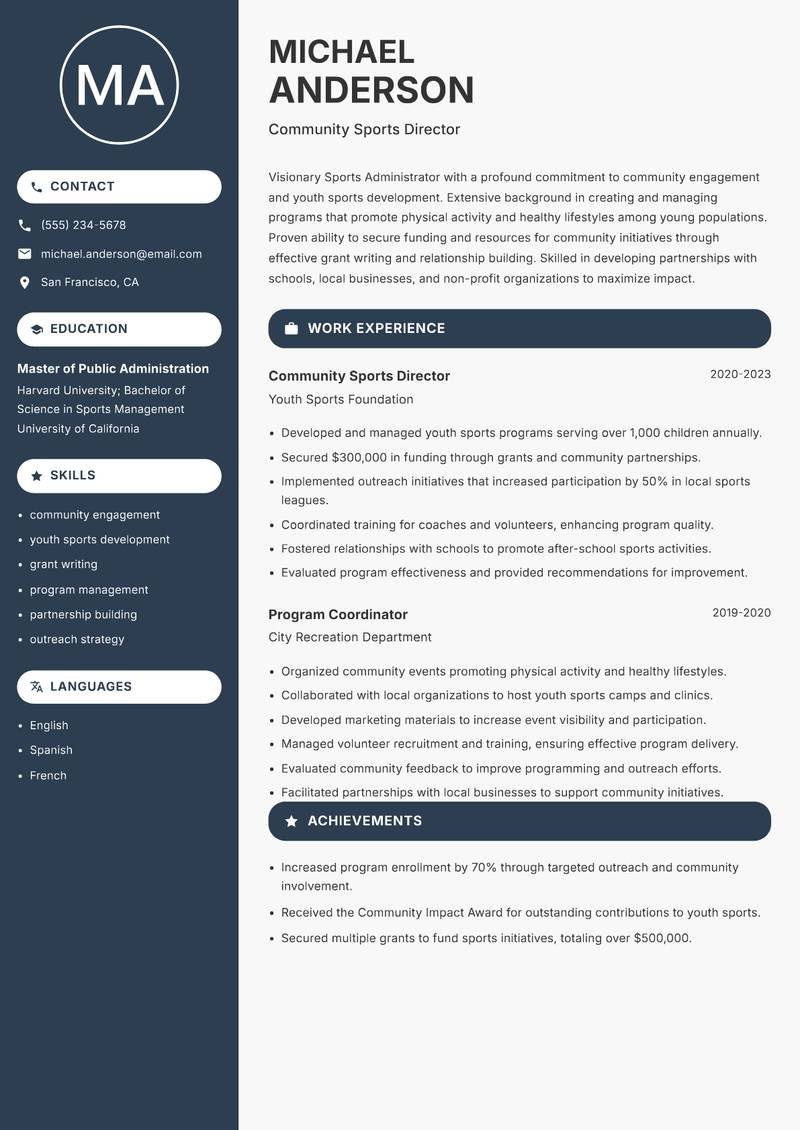 Sports Administrator resume sample — Community Sports Director focus