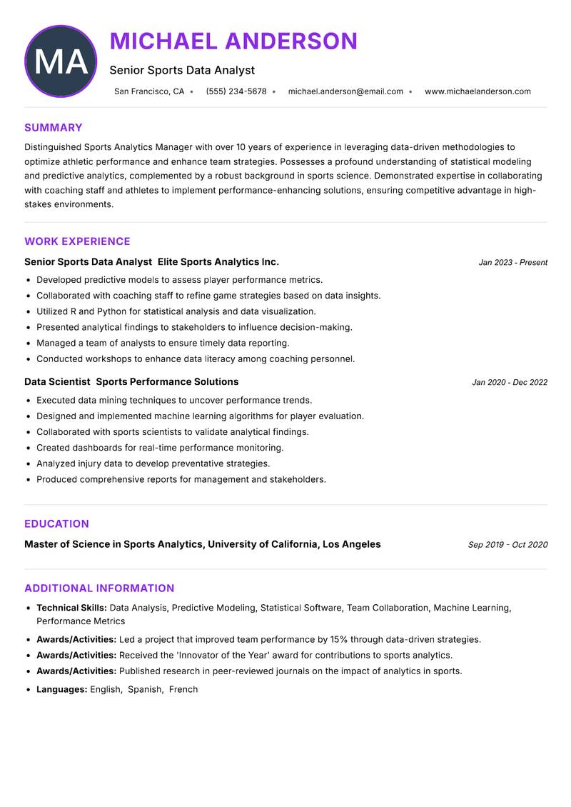 Sports Analytics Manager resume example