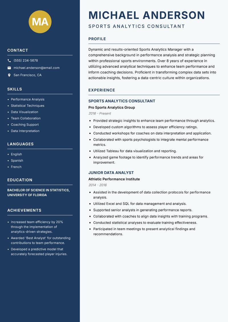 Sports Analytics Manager resume sample — Sports Analytics Consultant focus