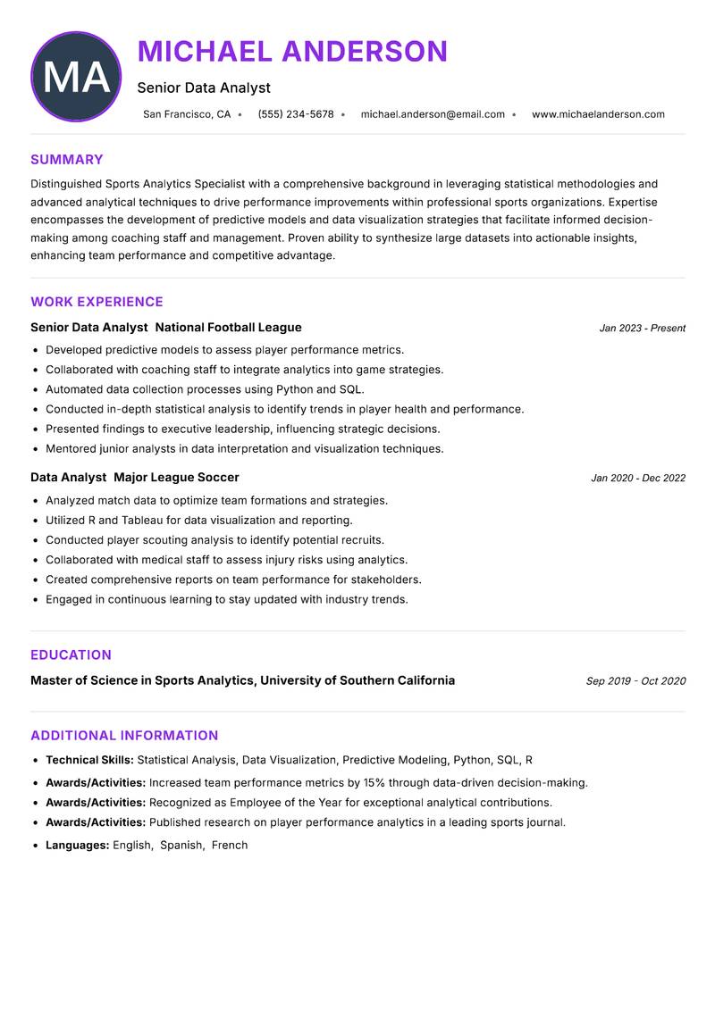 Sports Analytics Specialist resume example