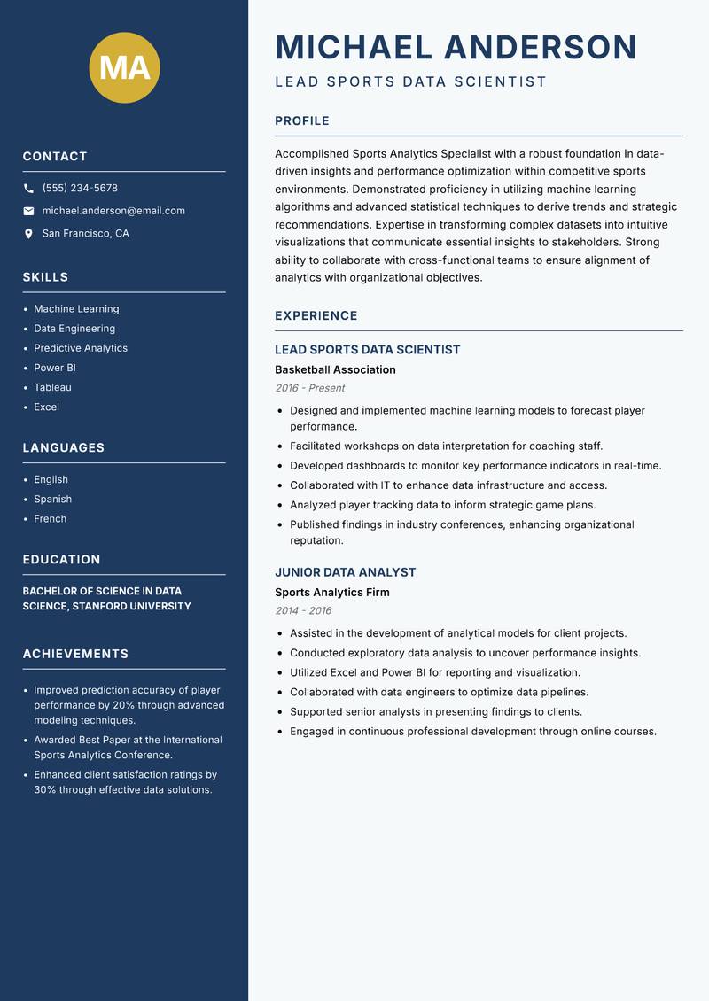Sports Analytics Specialist resume sample — Lead Sports Data Scientist focus