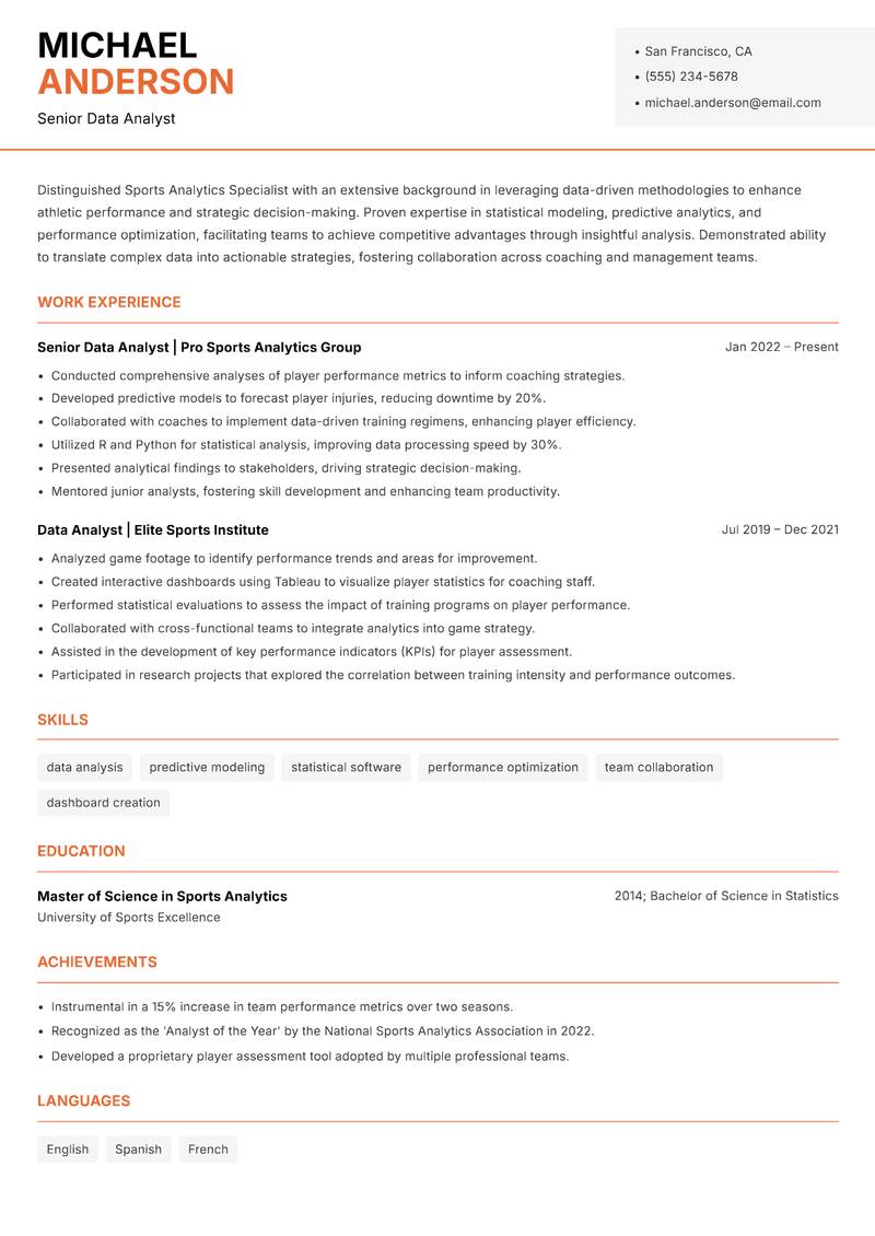 Sports Analytics Specialist resume sample — Senior Data Analyst focus