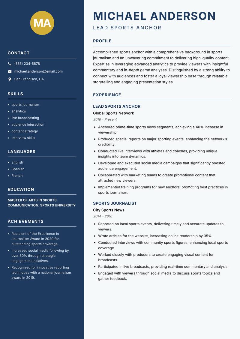 Sports Anchor resume sample — Lead Sports Anchor focus