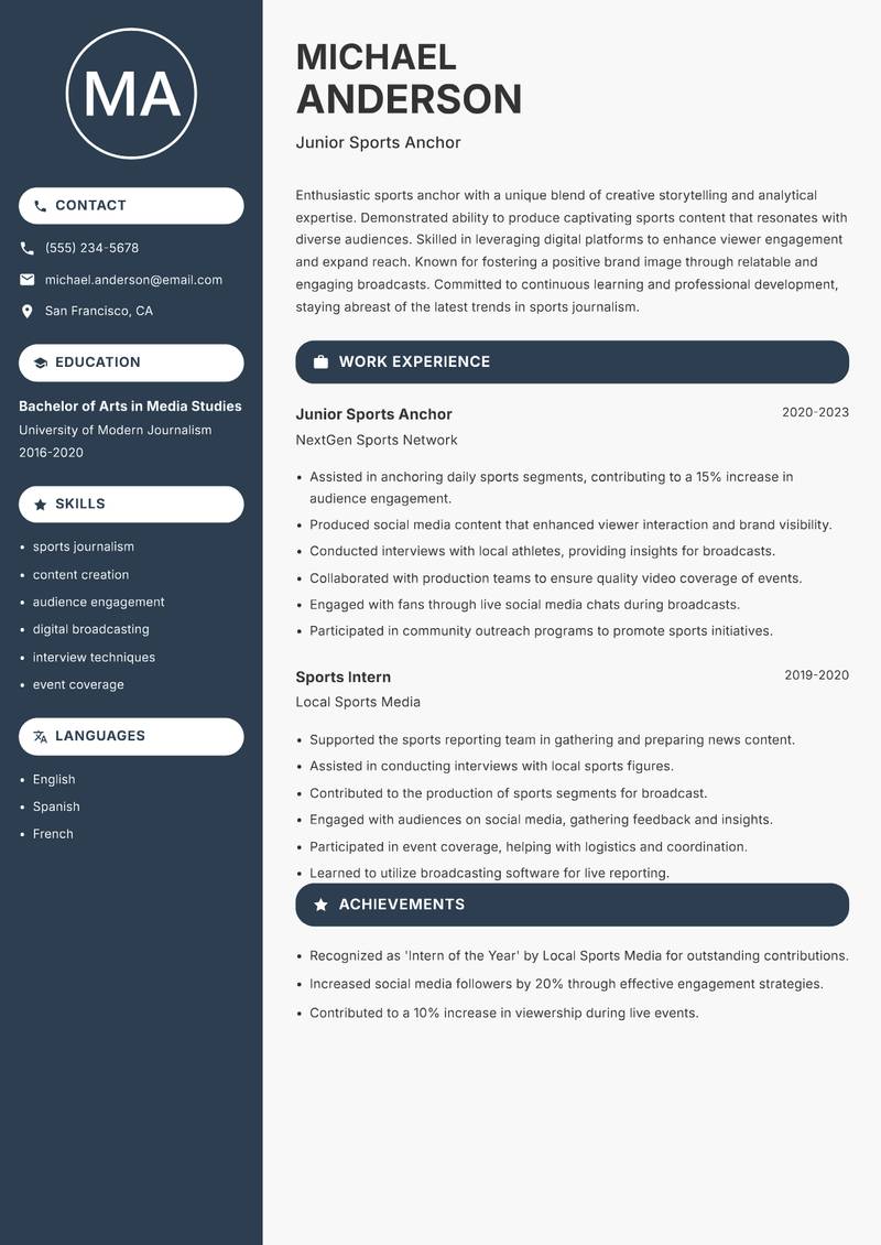 Sports Anchor resume sample — Junior Sports Anchor focus