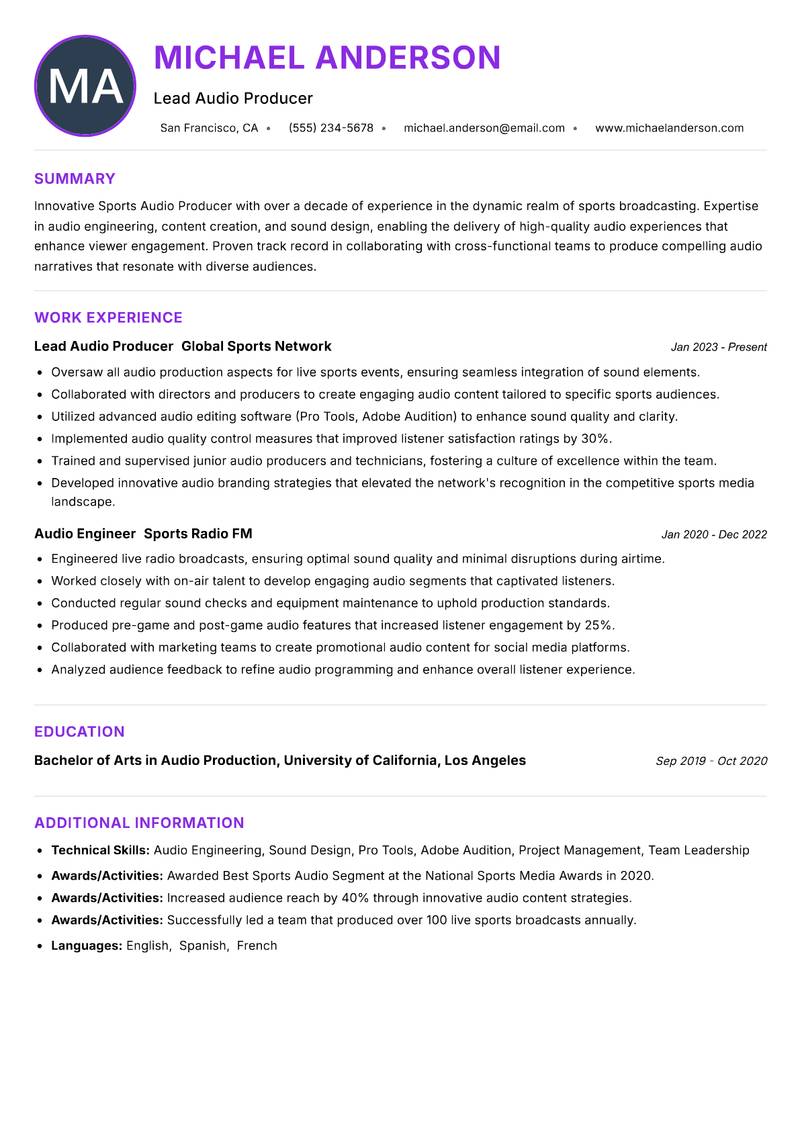 Sports Audio Producer resume example