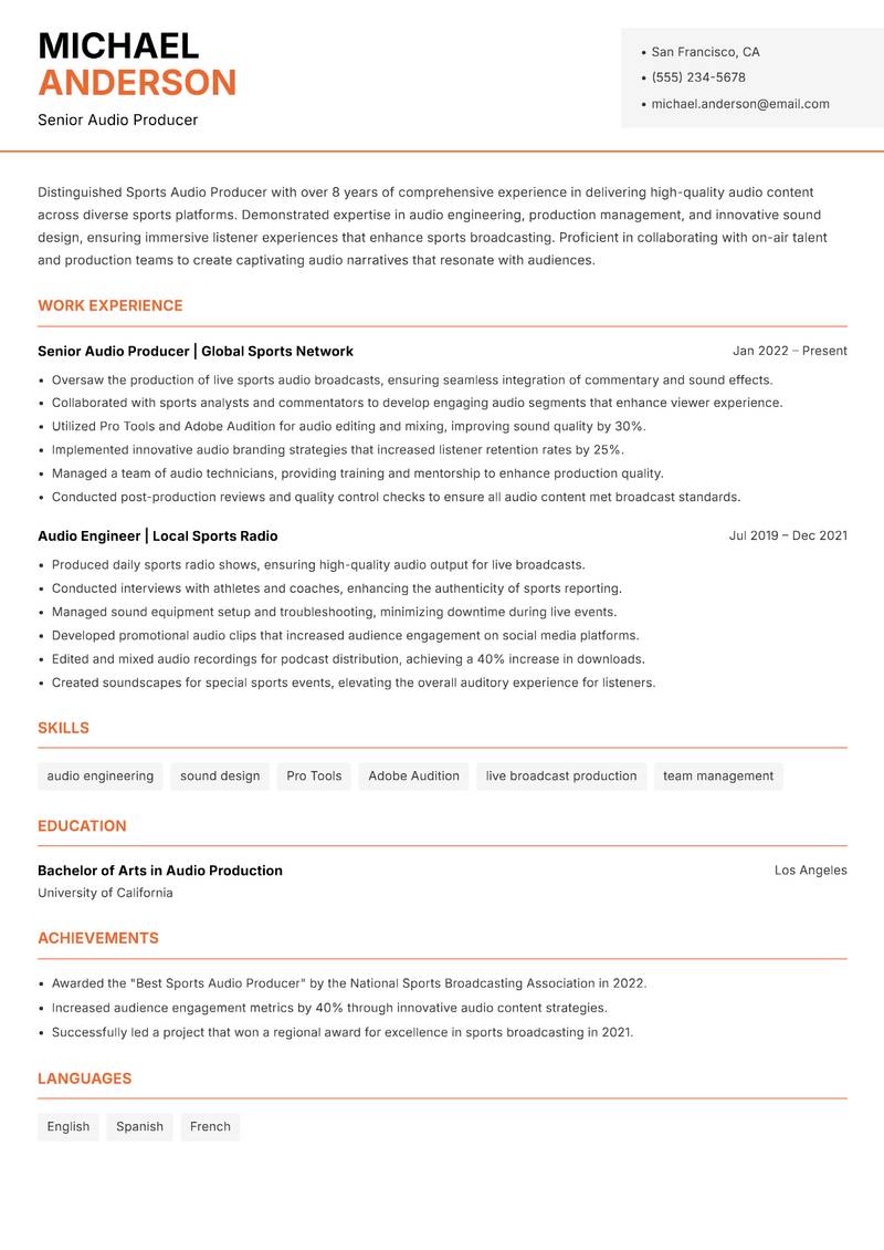 Sports Audio Producer resume sample — Senior Audio Producer focus