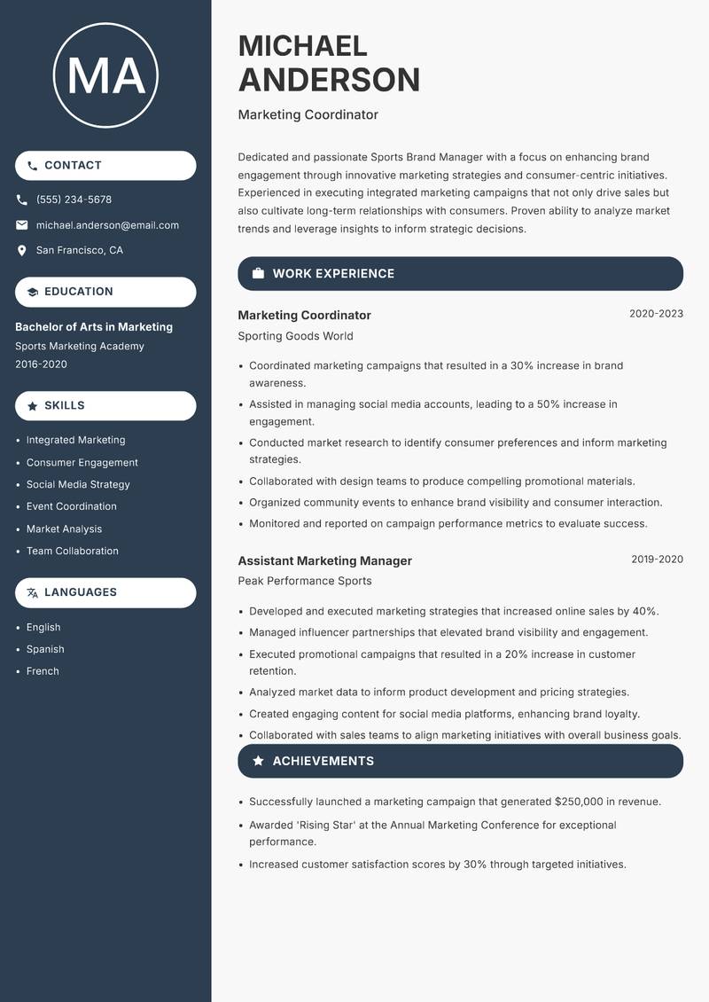 Sports Brand Manager resume sample — Marketing Coordinator focus