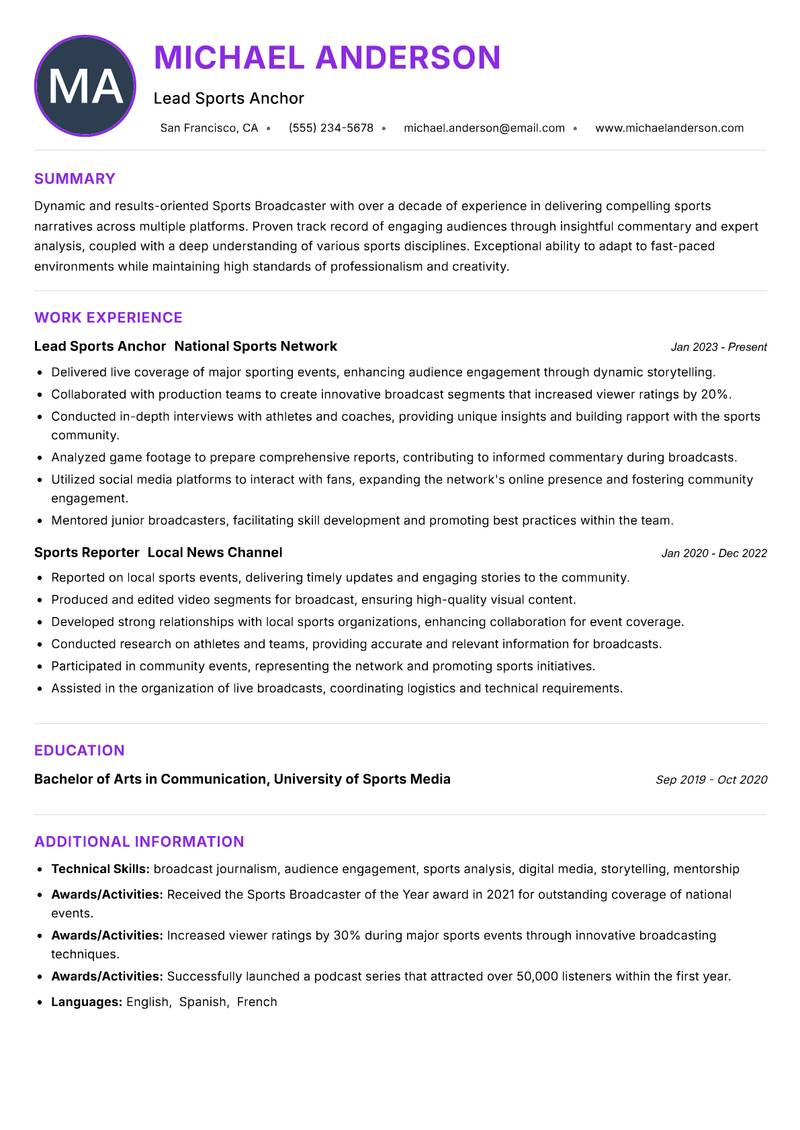 Sports Broadcaster resume example