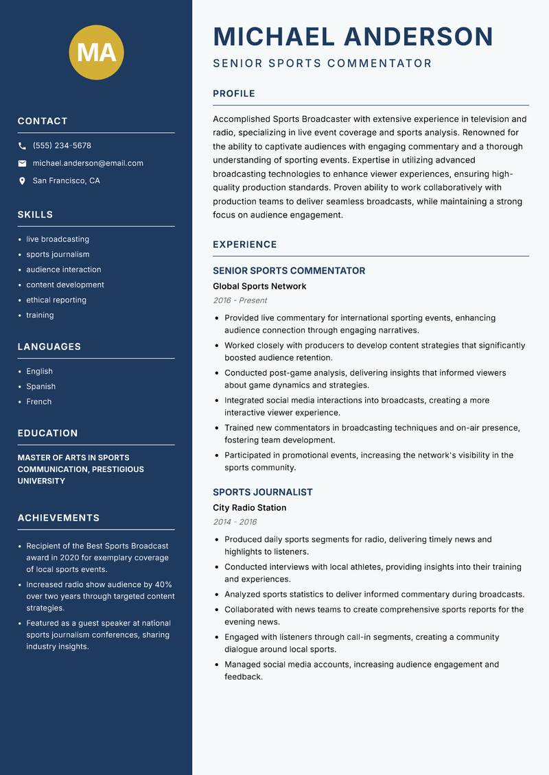 Sports Broadcaster resume sample — Senior Sports Commentator focus