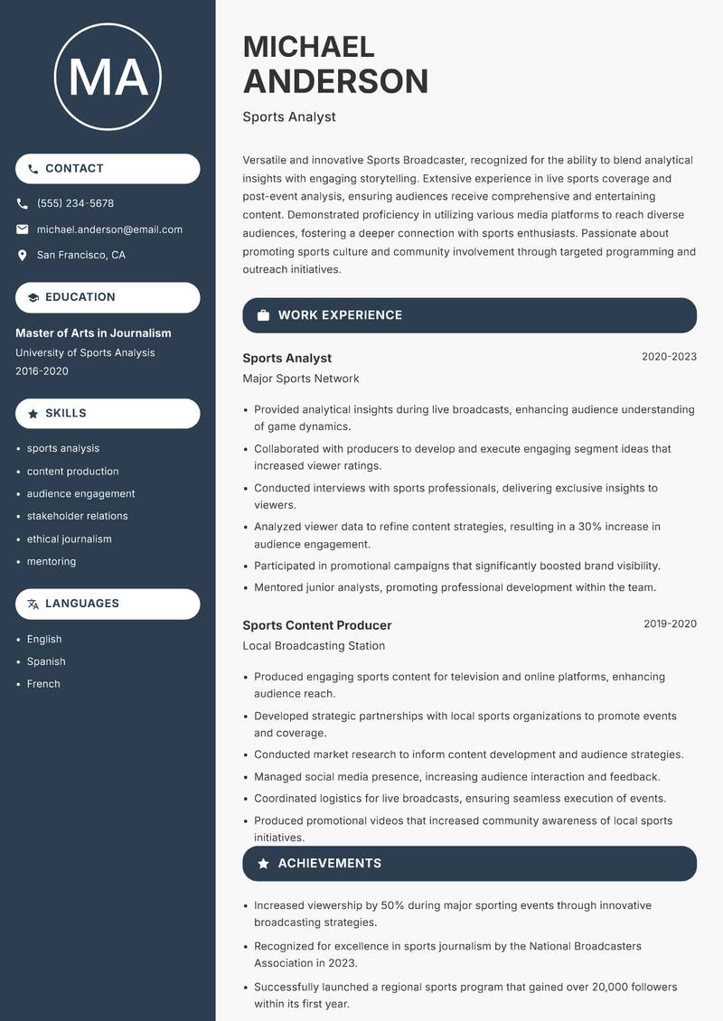 Sports Broadcaster resume sample — Sports Analyst focus