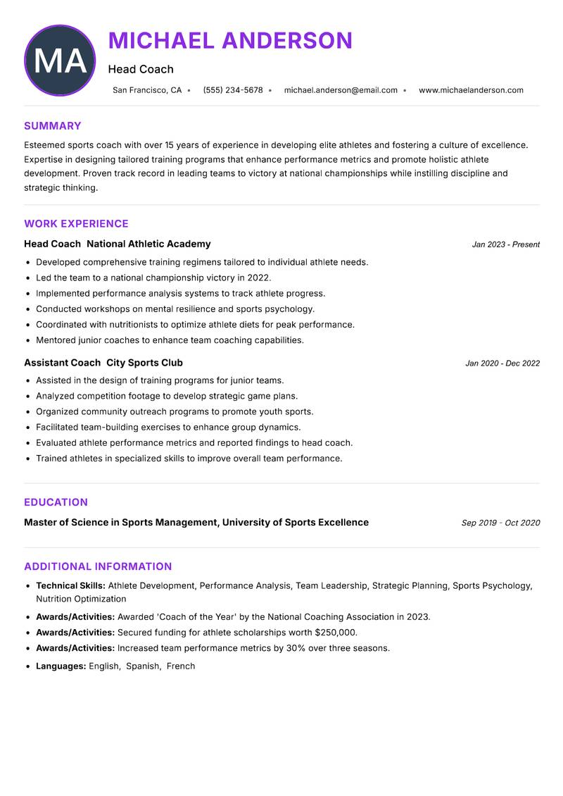 Sports Coach resume example