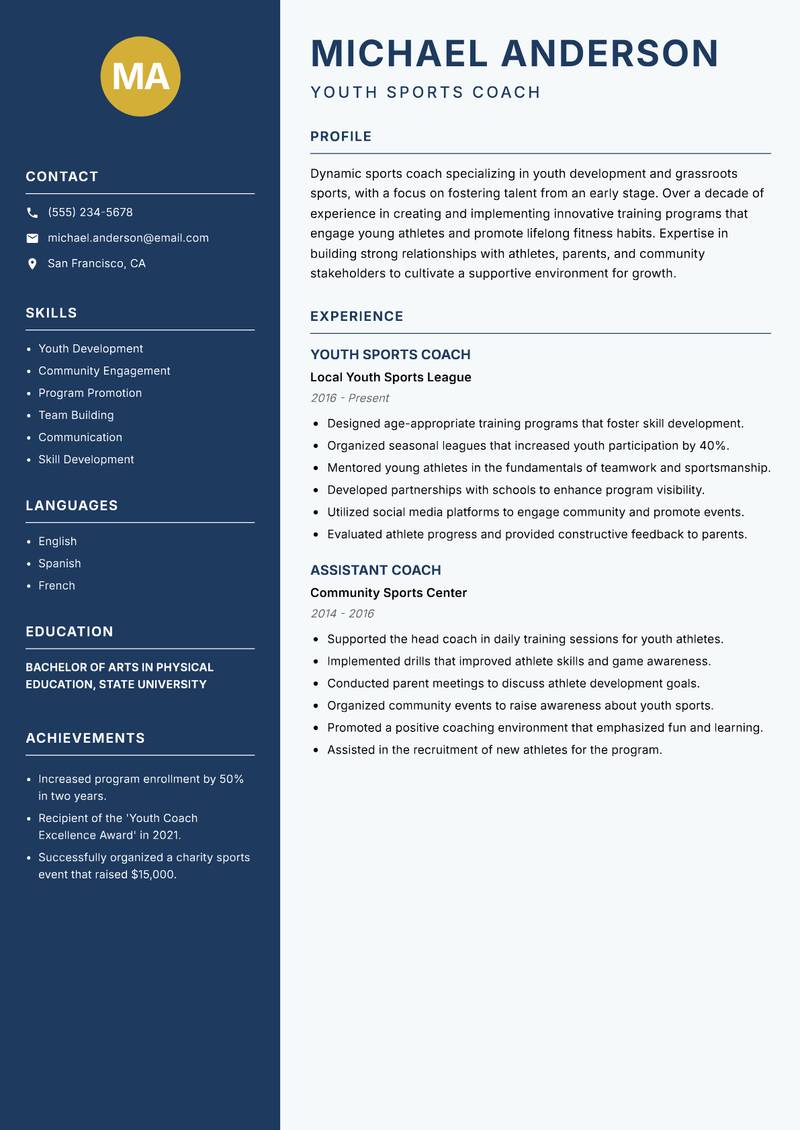 Sports Coach resume sample — Youth Sports Coach focus