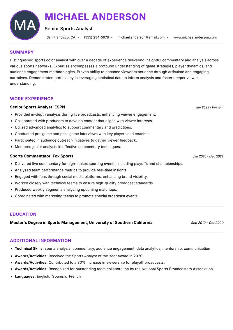 Sports Color Analyst resume example