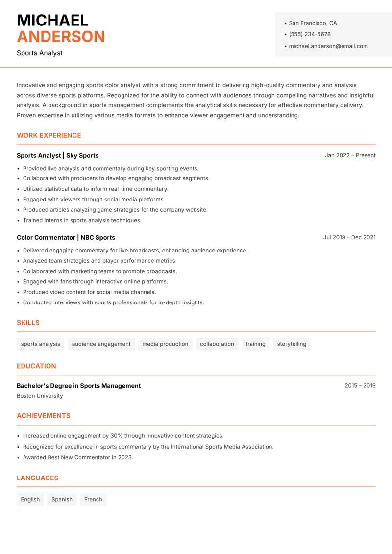Sports Color Analyst resume sample — Sports Analyst focus