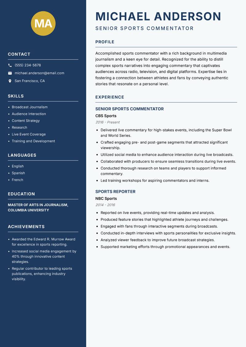 Sports Commentator resume sample — Senior Sports Commentator focus