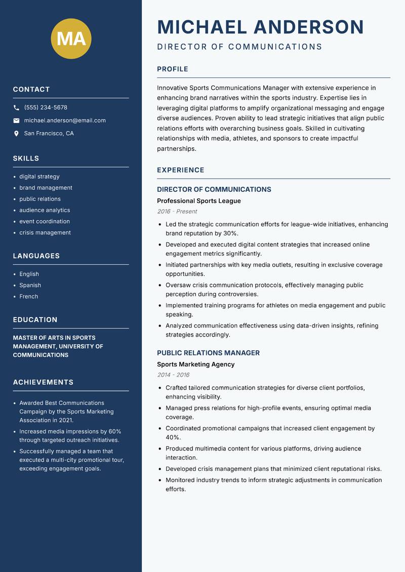 Sports Communications Manager resume sample — Director of Communications focus