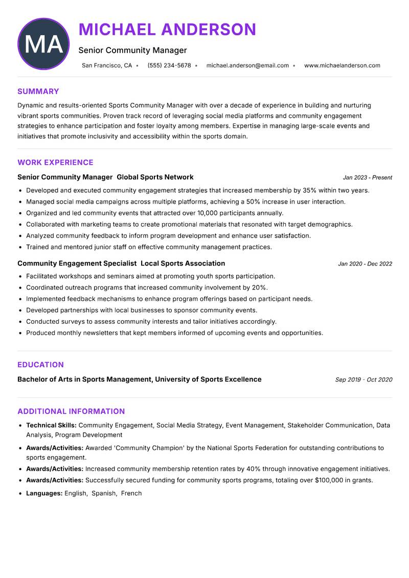 Sports Community Manager resume example