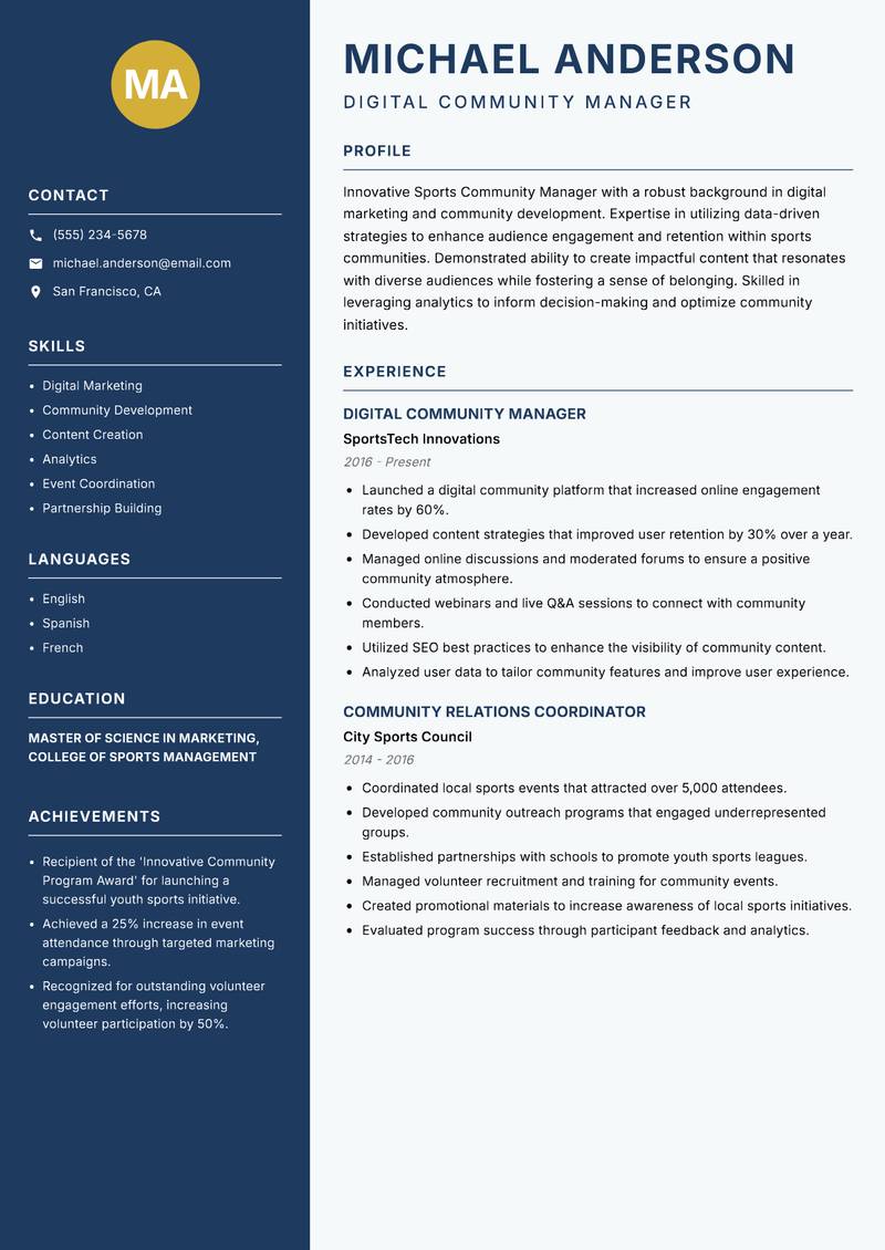 Sports Community Manager resume sample — Digital Community Manager focus
