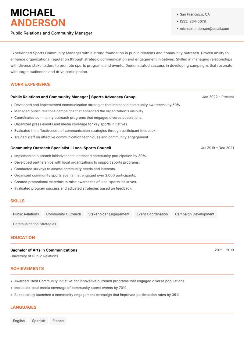 Sports Community Manager resume sample — Public Relations and Community Manager focus