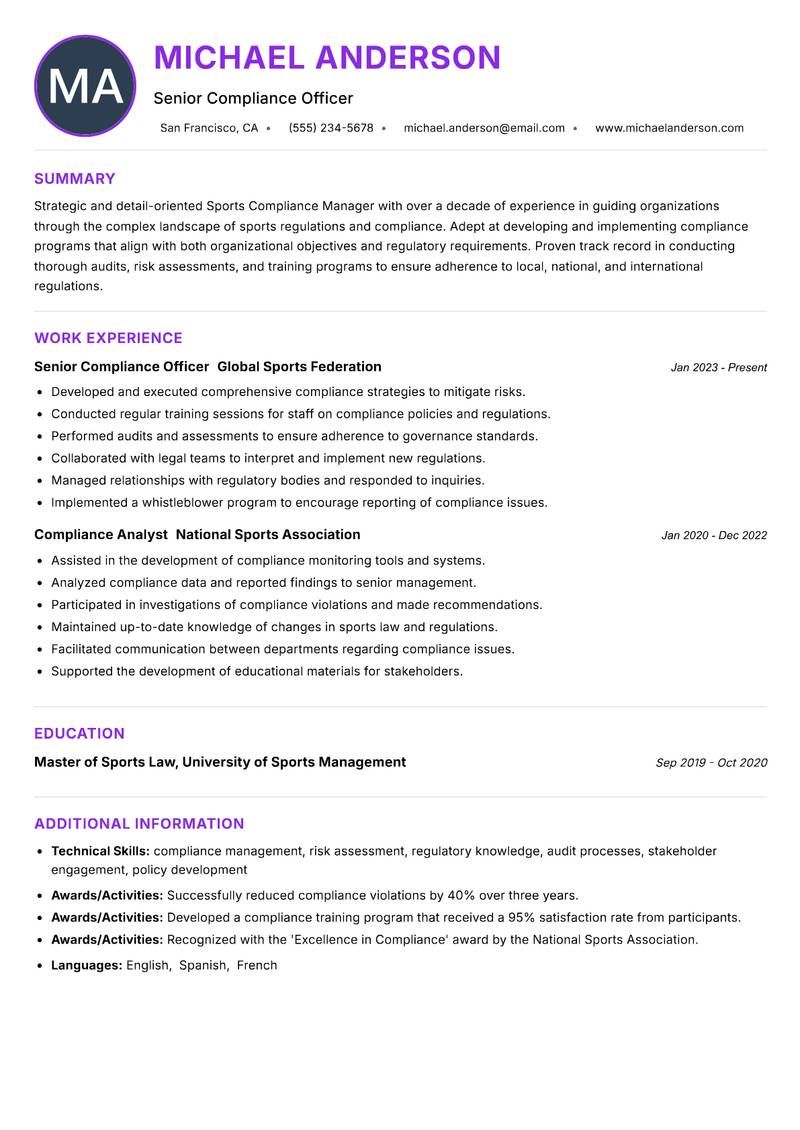 Sports Compliance Manager resume example