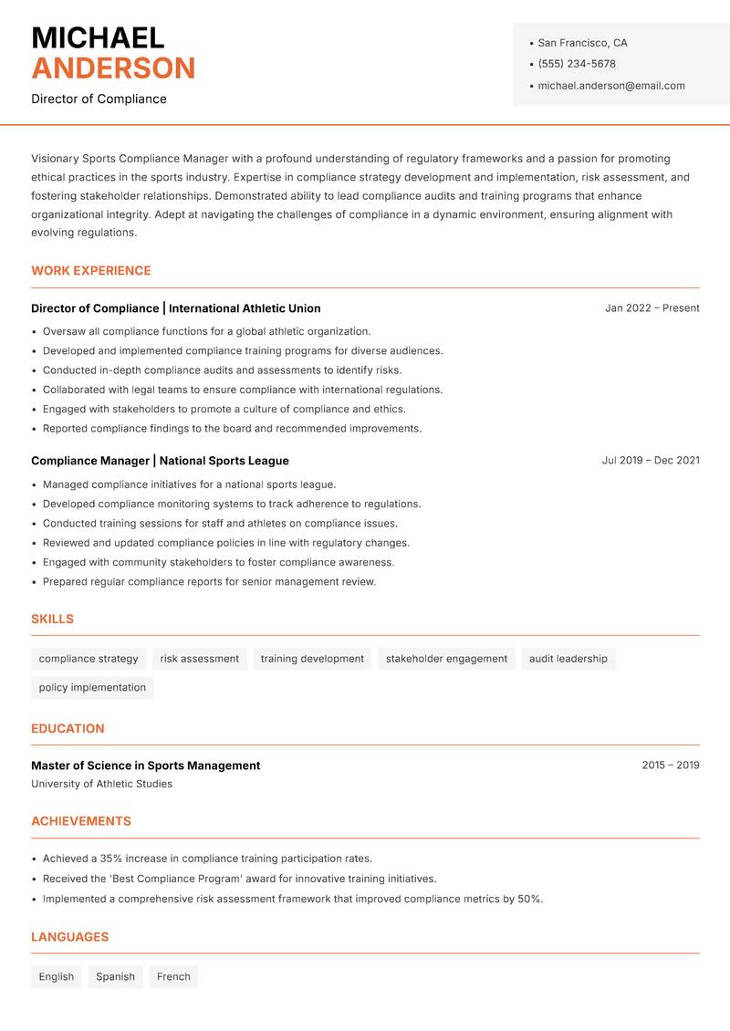 Sports Compliance Manager resume sample — Director of Compliance focus