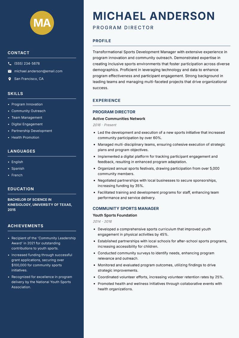 Sports Development Manager resume sample — Program Director focus