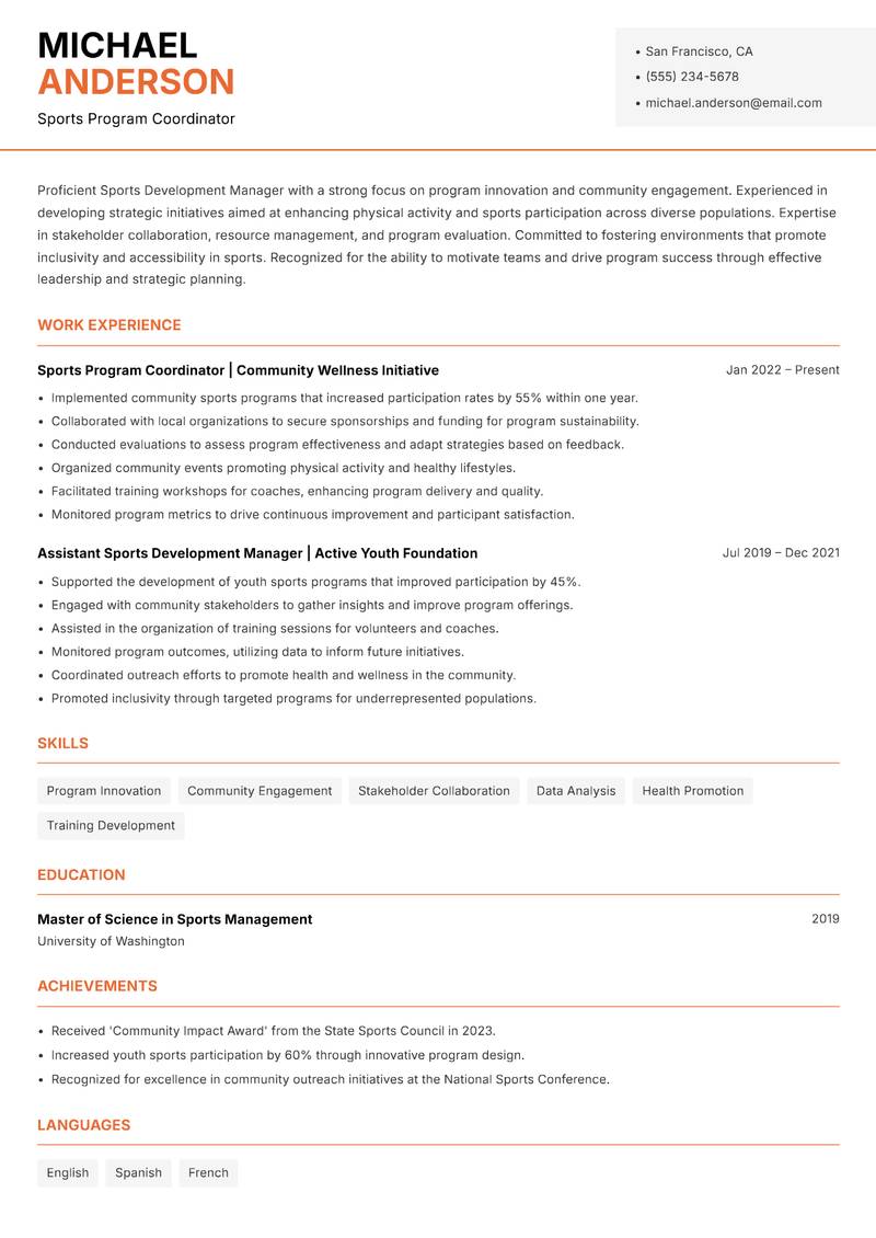 Sports Development Manager resume sample — Sports Program Coordinator focus
