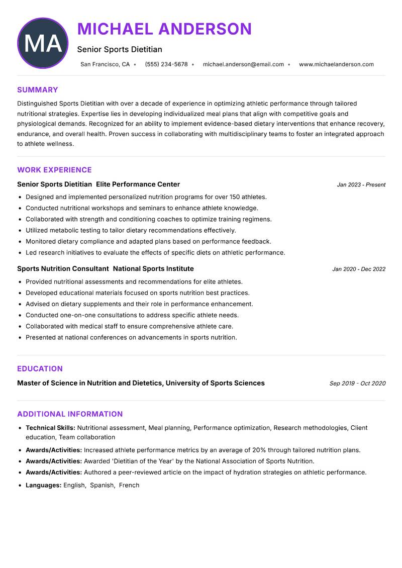 Sports Dietitian resume example