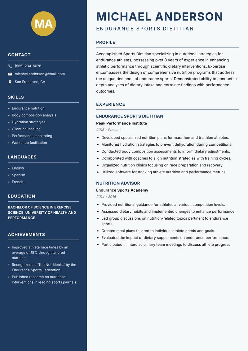 Sports Dietitian resume sample — Endurance Sports Dietitian focus