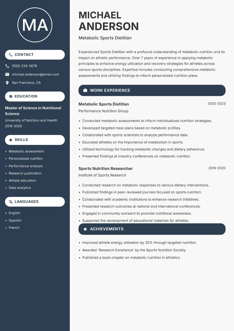 Sports Dietitian resume sample — Metabolic Sports Dietitian focus