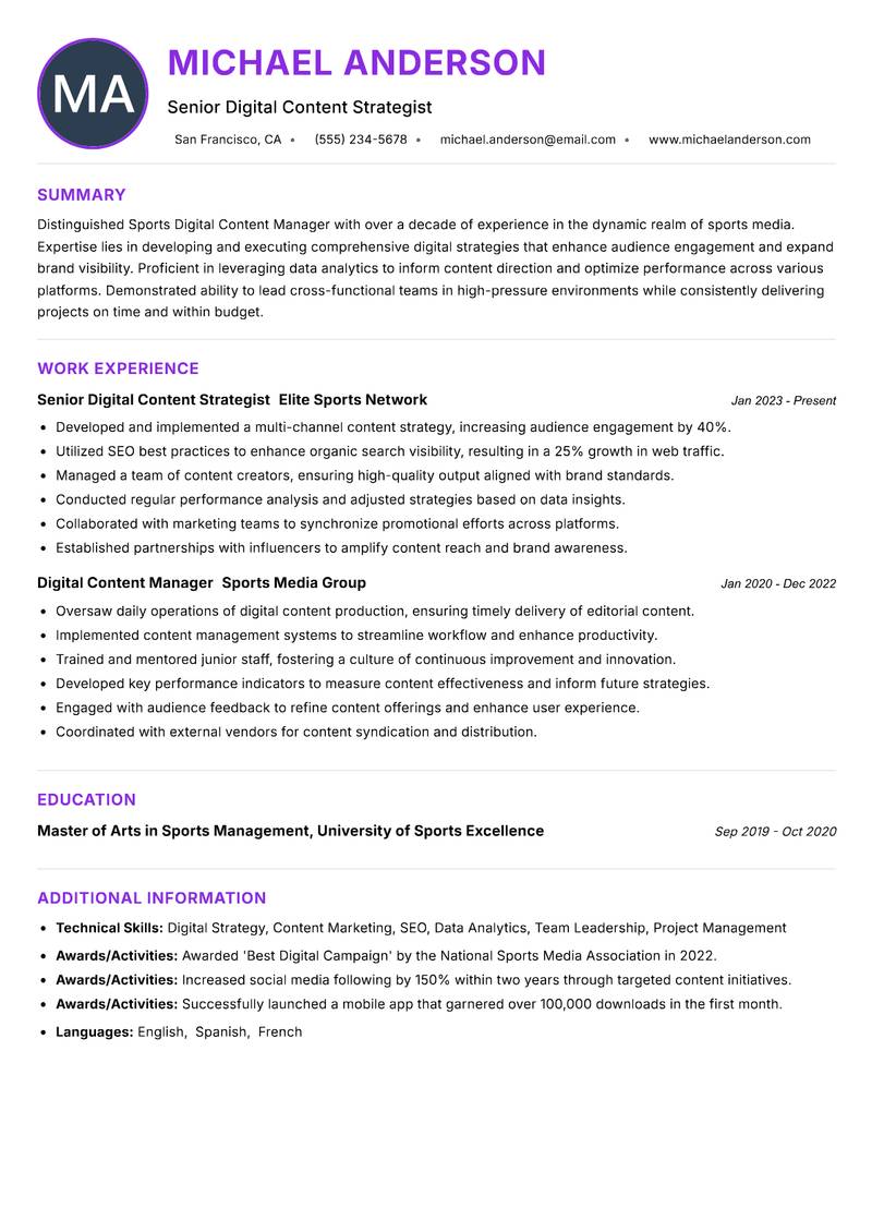 Sports Digital Content Manager resume example
