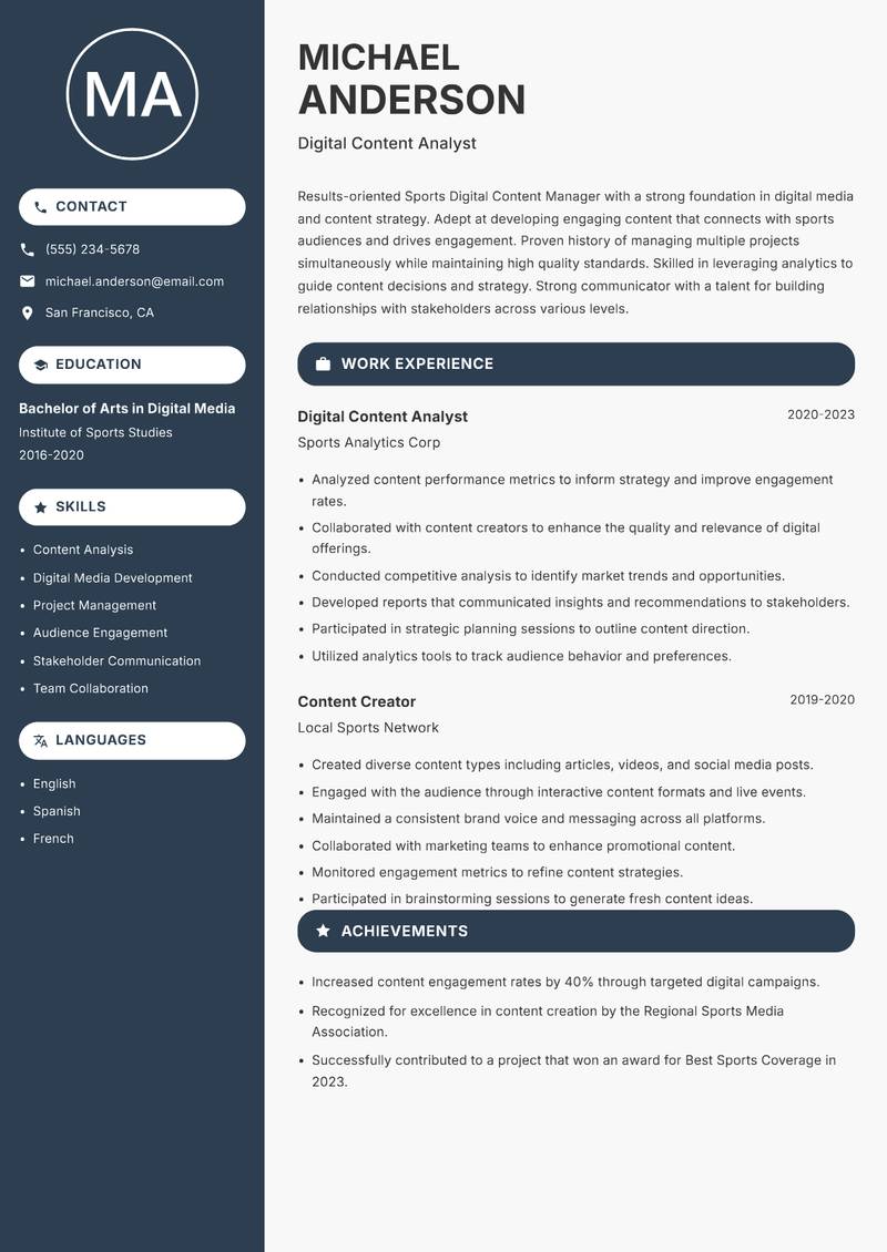 Sports Digital Content Manager resume sample — Digital Content Analyst focus