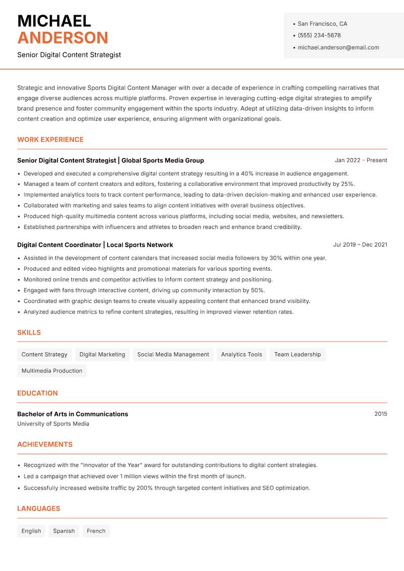 Sports Digital Content Manager resume sample — Senior Digital Content Strategist focus