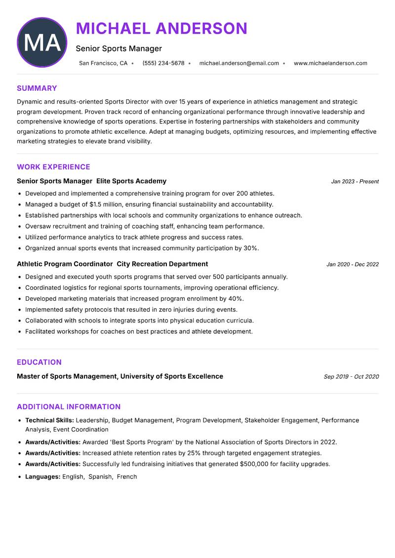 Sports Director resume example